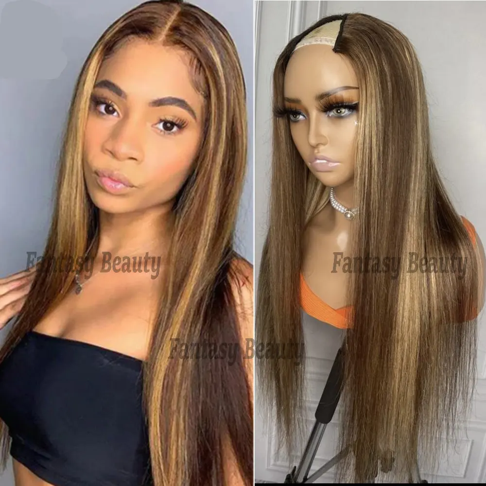 Ombre Honey Blonde 1x4Middle VPart Wigs Highlights Brown Long Silky Straight Human Hair Wigs for Black Women Glueless 180Density