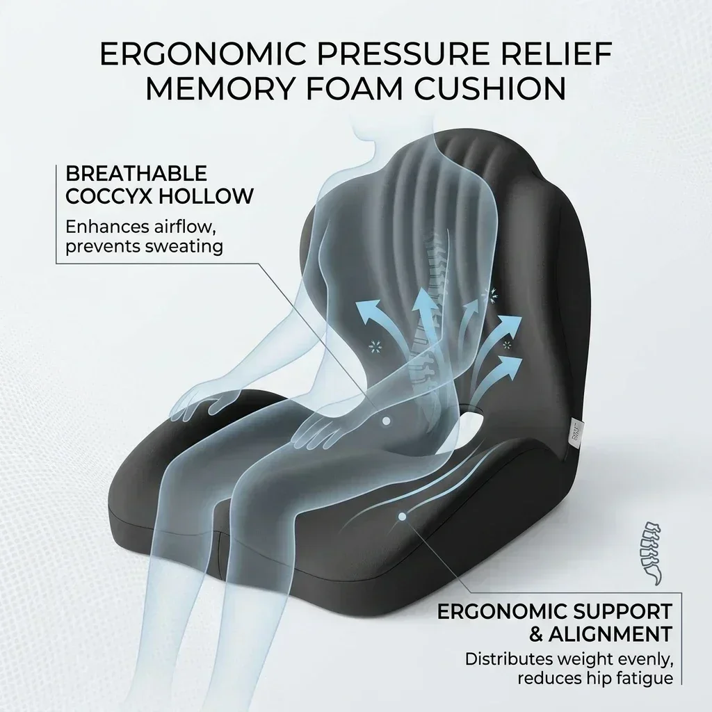 Ergonomisches, geschwungenes Sitzkissen aus Memory-Schaumstoff zur Entlastung von Ischiasdruck, zur Haltungskorrektur, geeignet für Büro, Zuhause, Auto und Rollstuhl. – Detail 3