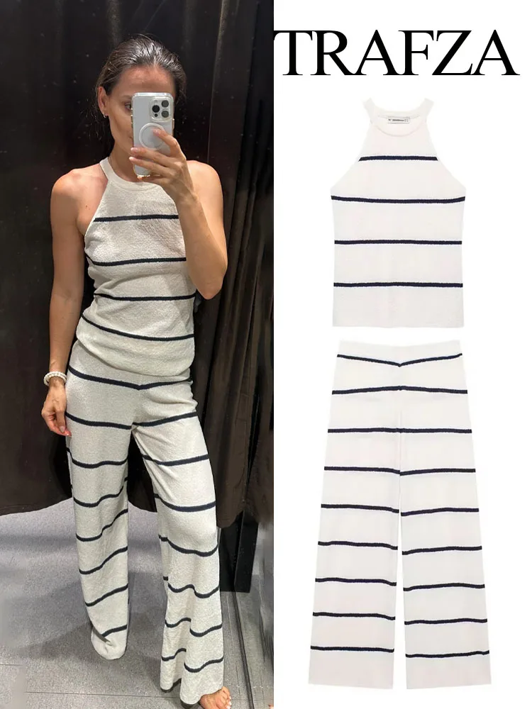 TRAFZA Summer Fashion Women Suit Stripe O-Neck Sleeveless Sweater Vest Tops+High Waist Elastic Waist Wide Leg Pants Female Sets