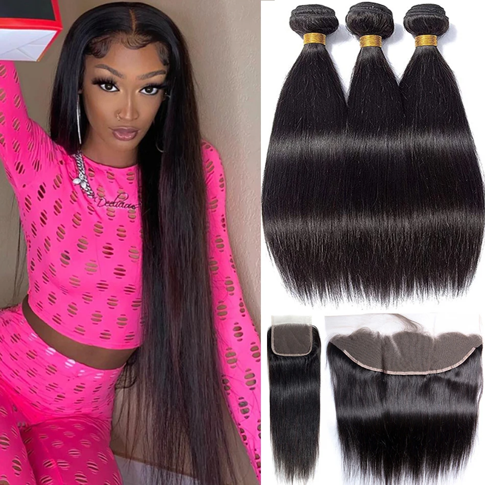 Bone Straight Human Hair Bundles With Frontal Lace Closures With Bundles Brazilian Hair Weave 3/4 Bundles With Closure Remy Hair