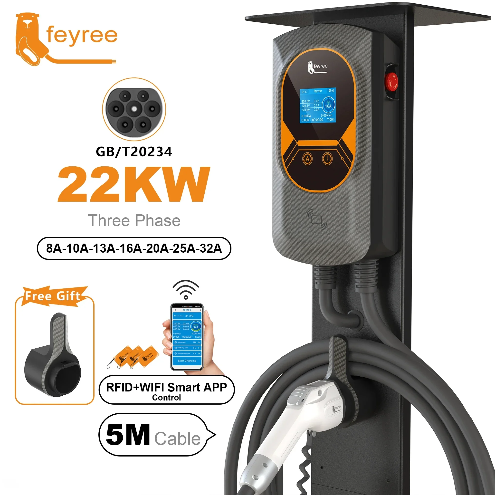 feyree GB/T Socket 32A 7.6KW 1 Phase 22KW 11KW 3Phase Smart APP WIFI Control