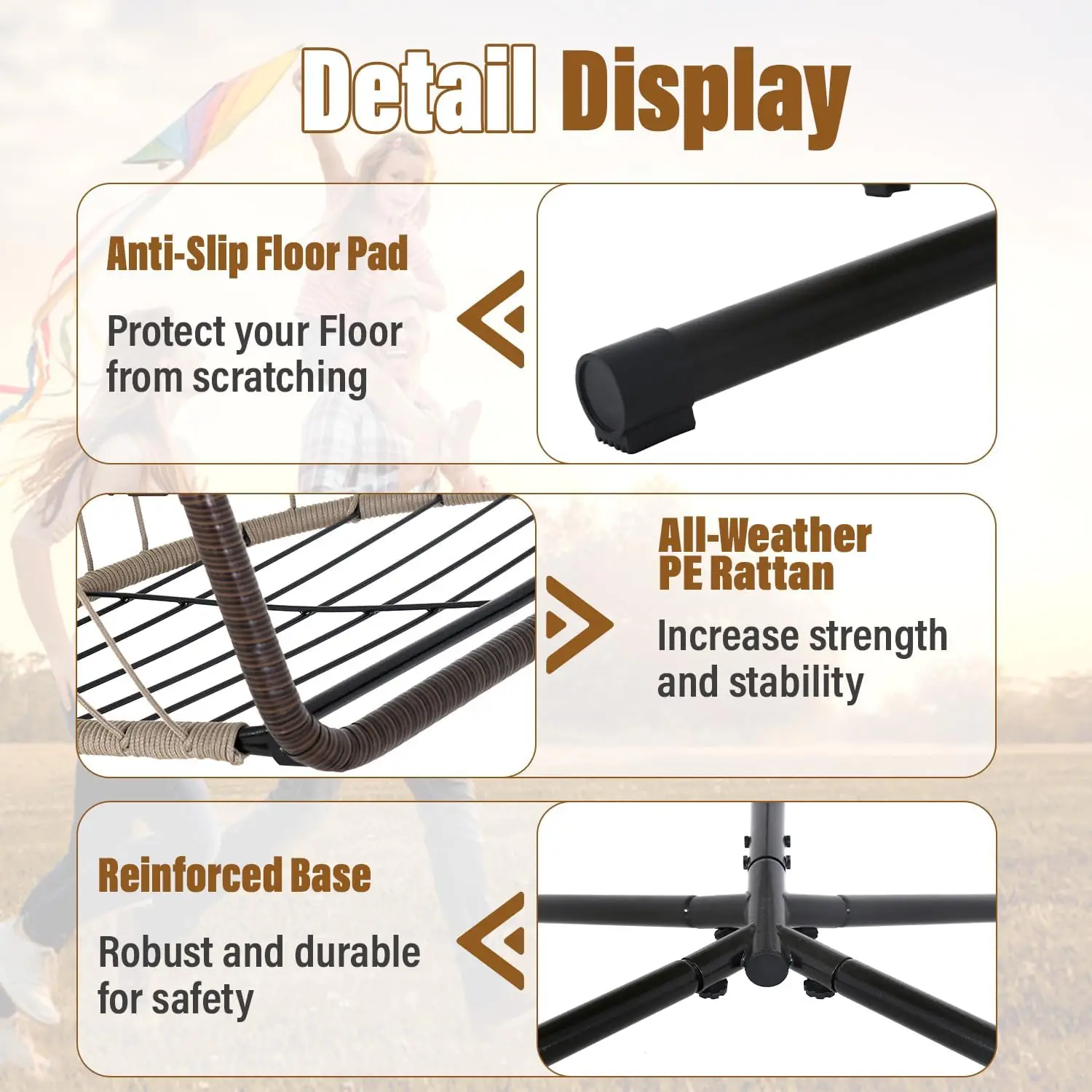 كرسي البيض للاستخدام الداخلي والخارجي مع حامل، كرسي سلة فناء الروطان، وسادة بوليستر ناعمة، مسند رأس قابل للتعديل، أسمر ضارب للصفرة