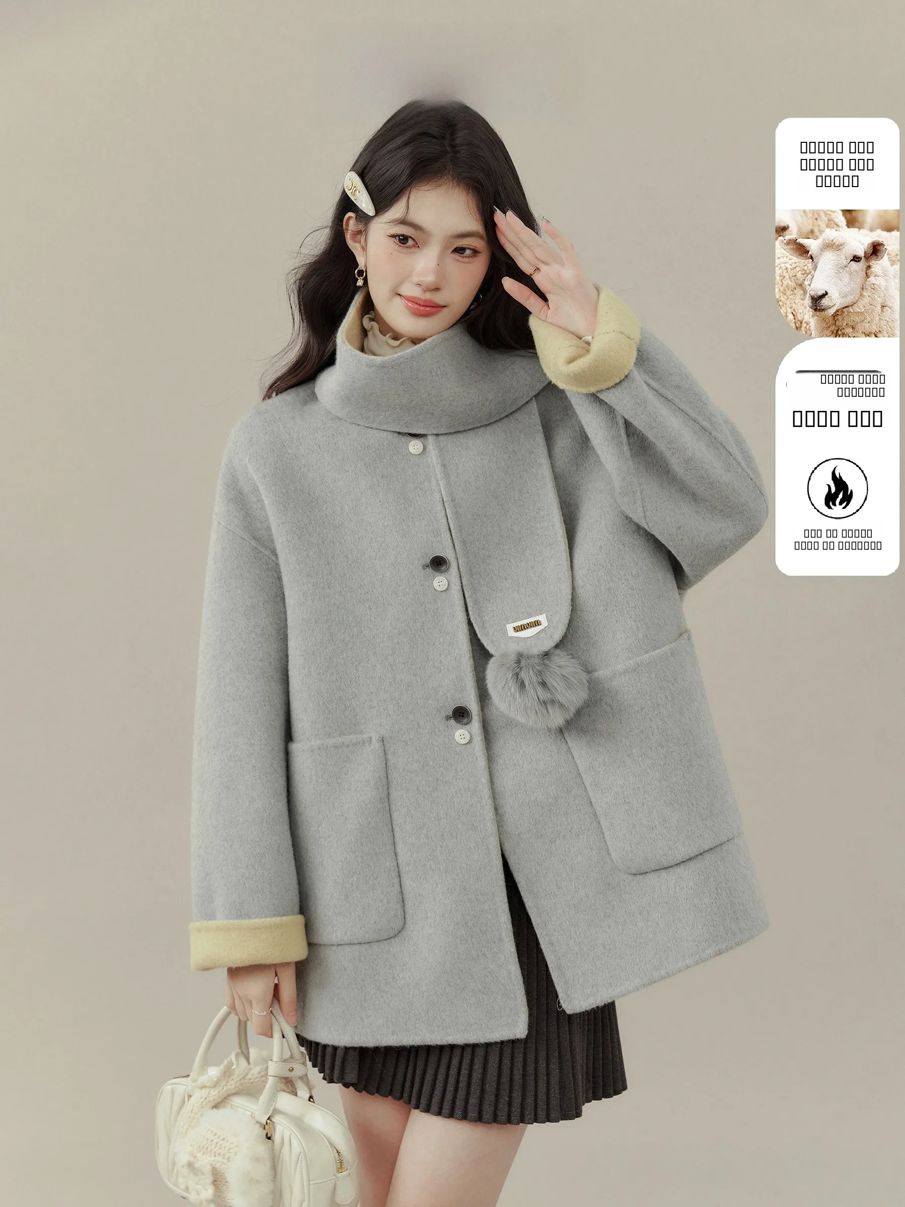 

Ele Double-Faced Woolen Coat with Scarf Collar for Women in ey by Wang Xue Winter Faion 2025 Ladies Premium Wool Coat