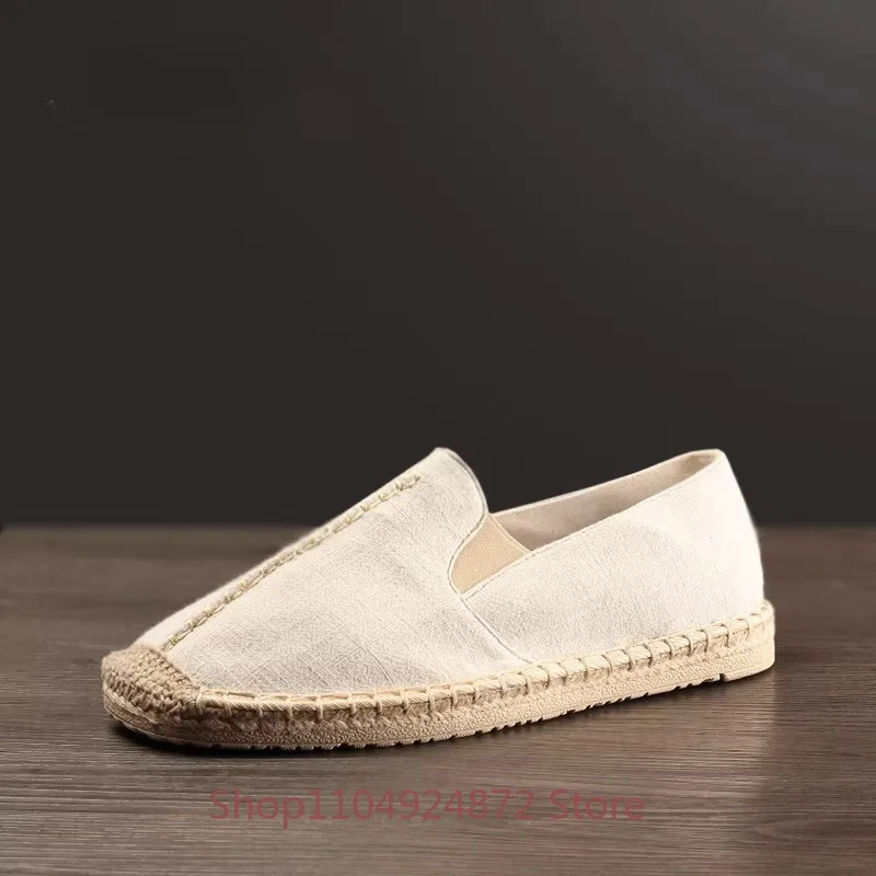 Spring Summer Linen Fisherman Shoes Men Grass Woven Bottom Slip on Sweat-Absorbant Anti-odor Handmade Cloth Shoes Male Loafers