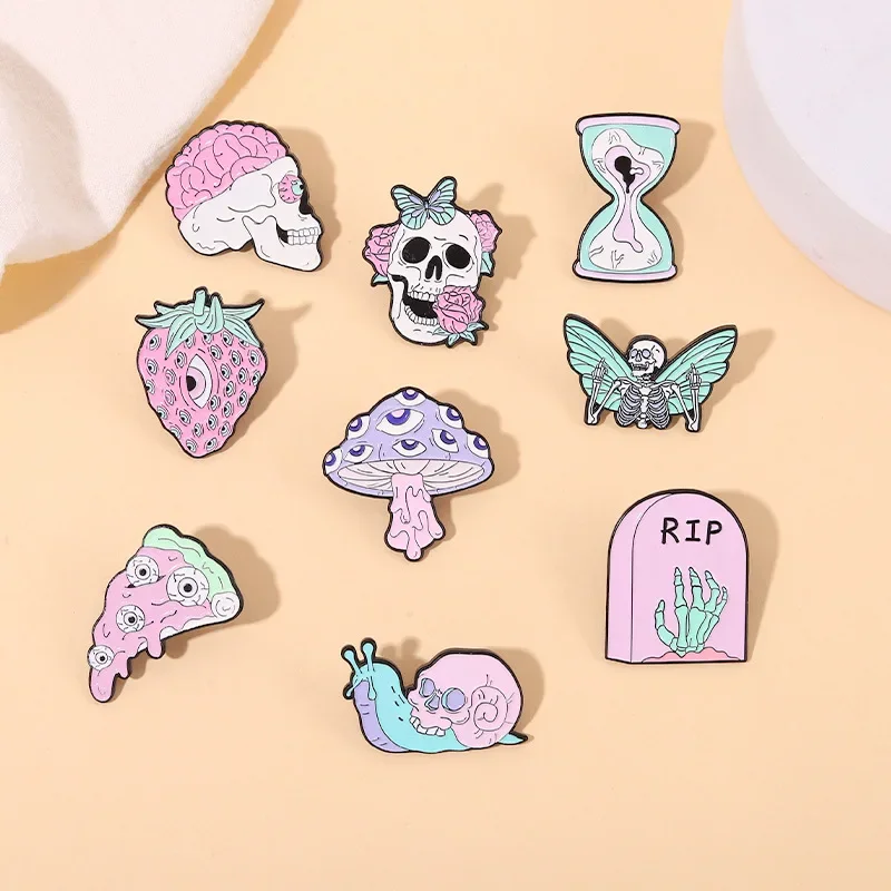 Intensive Phobia Enamel Pins wholesale Rip Skeleton Grave Hourglass Butterfly Pizza Strawberry Eyeball Brooches Fear Lapel Badge