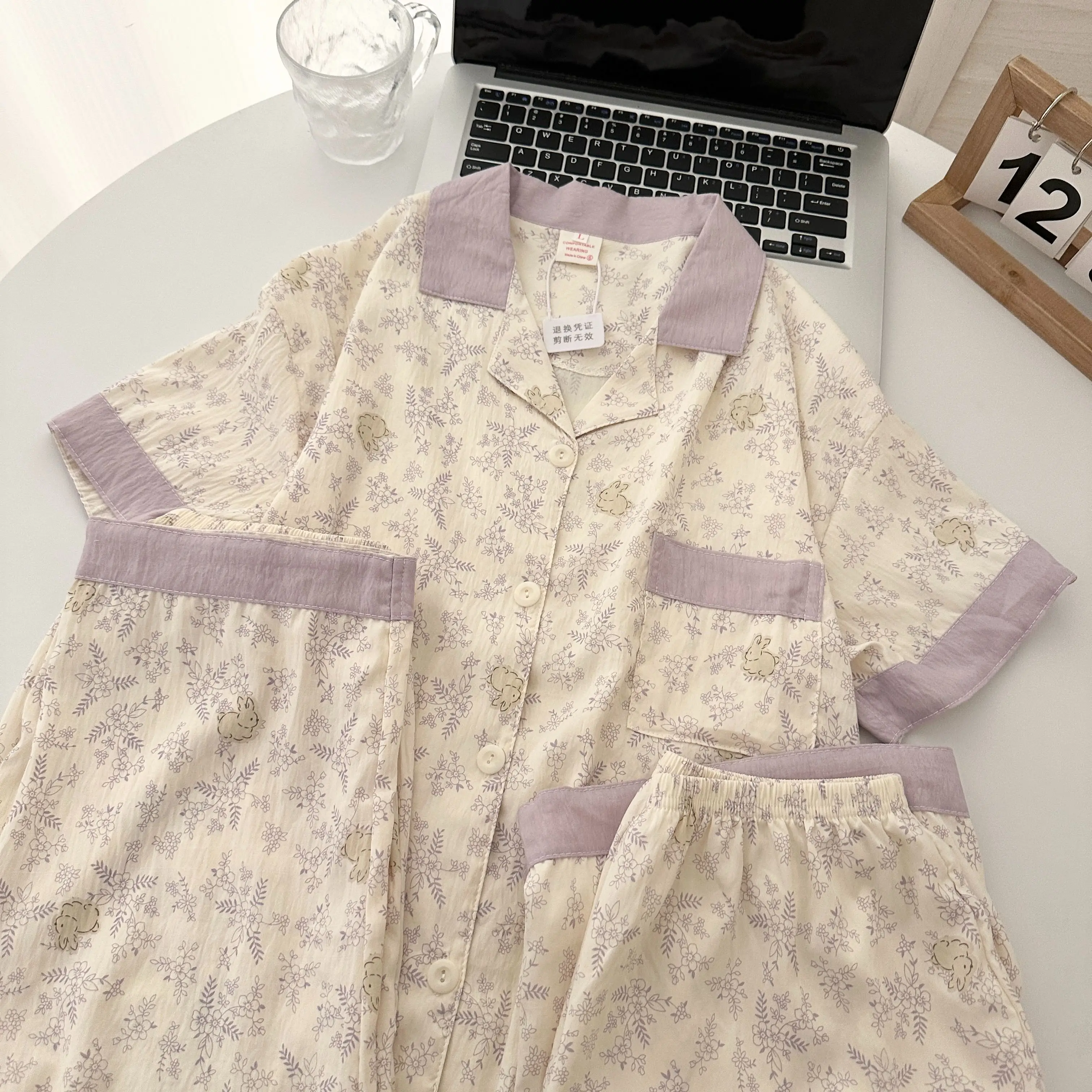 Korean Three-piece Ins Wind Small Fresh Floral Pajamas Sweet Girl Pure Cotton Short-sleeved Cartoon Casual Loose Loungewear