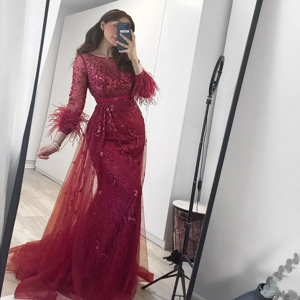 Luxury Mermaid Burgundy Evening Dress for Women 2024 Elegant O Neck Long Sleeves Beads Feather Formal Prom Wedding Party Gowns