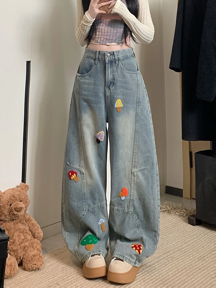 

Retro American Cartoon Embroidery Loose Wide Leg Knife Pants Denim Jeans Women Spring 2026 Casual High Waist Blue