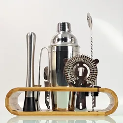 Stainless Steel Cocktail Shaker Mixer Drink Bartender Browser Kit Bars Set Tools with Wooden Rack Stand Home Party Accessories