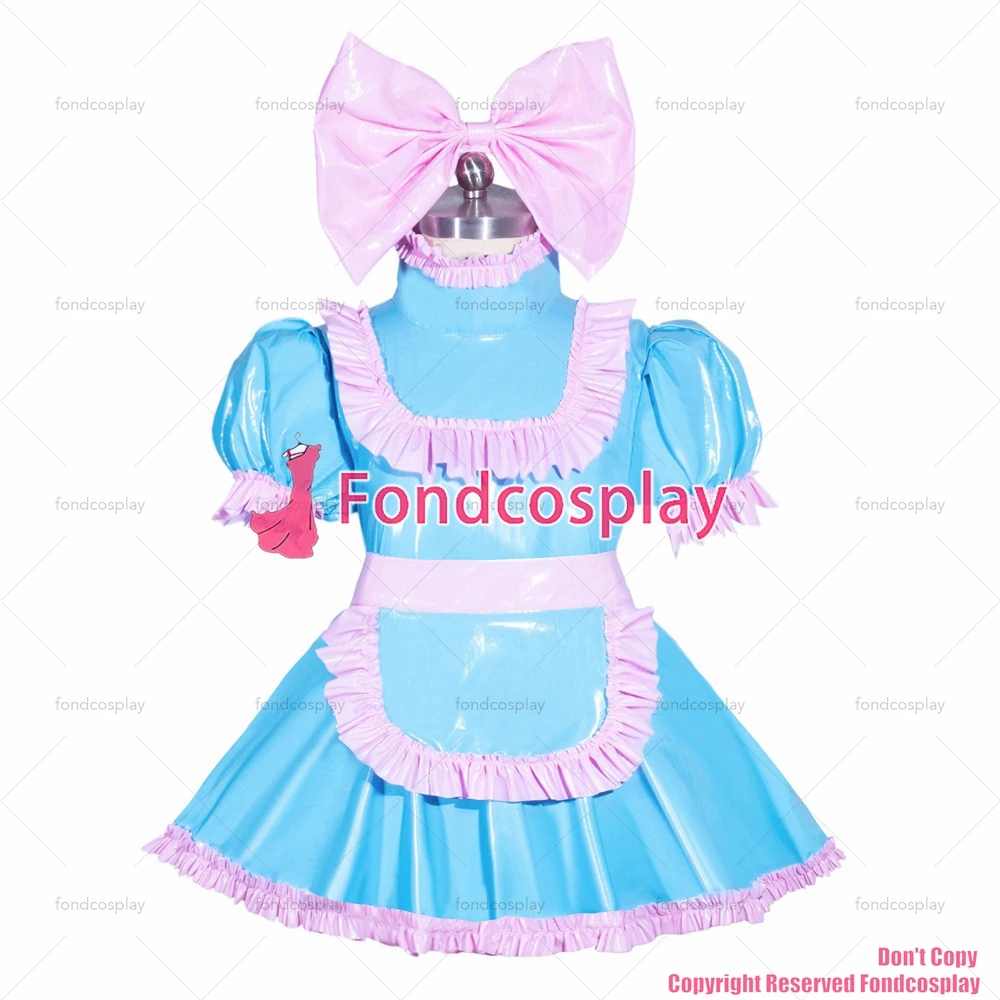 fondcosplay adult cross dressing sissy maid French Lockable baby blue thin PVC Romper Dress Jumpsuit panties CD/TV[G3967]