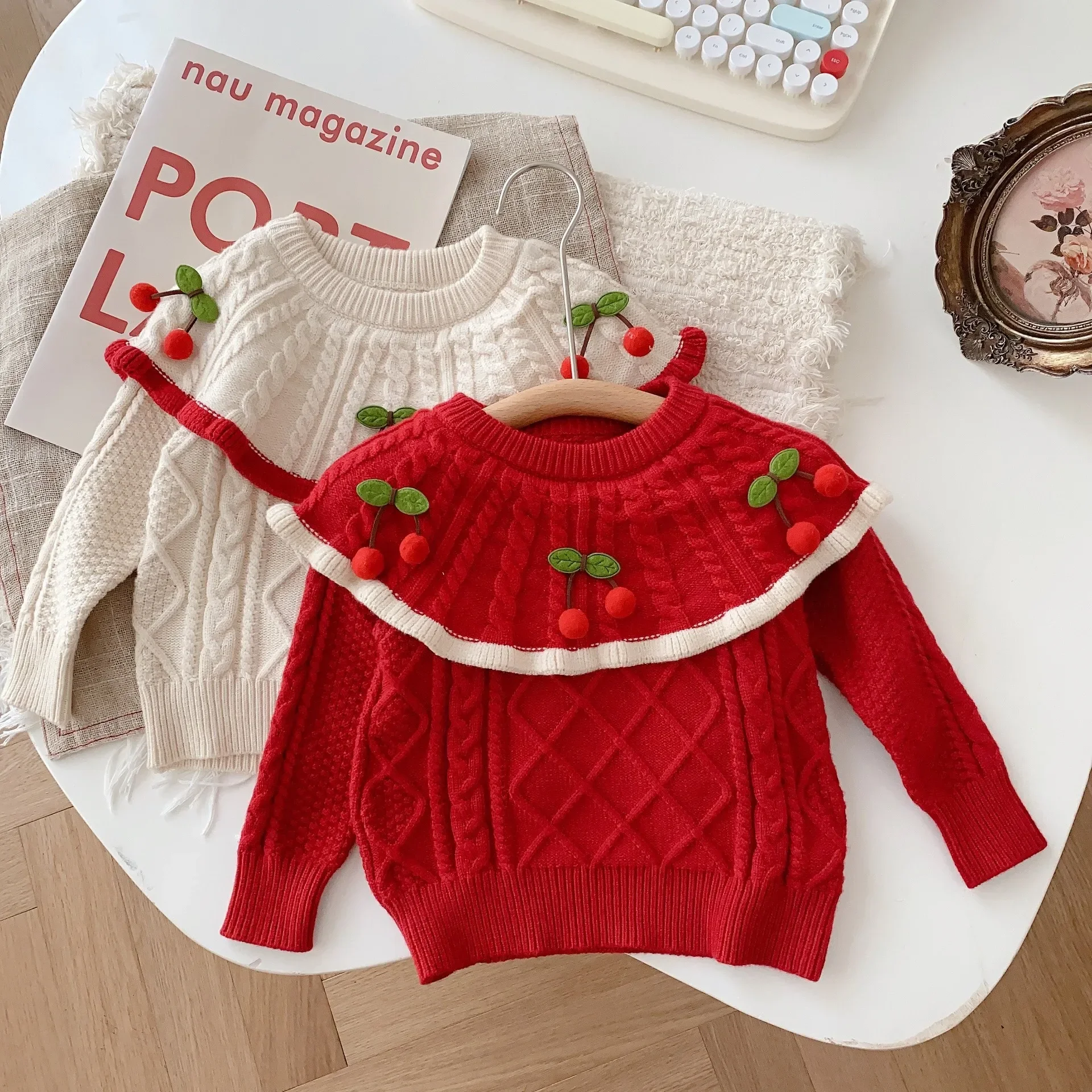 

Toddler Girls Sweater Aautumn Winter Korean Cute Cherry Knit for Baby Girl Children's Sweater Outwear