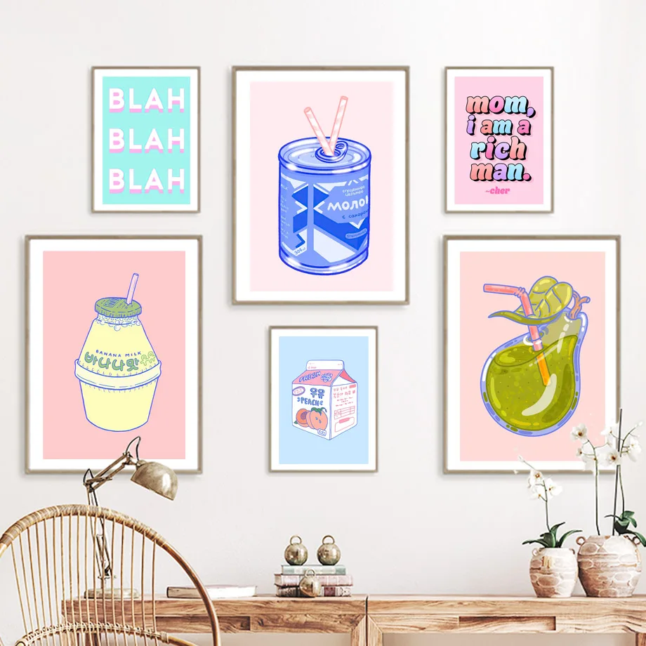 Kawaii Korean Milk Drink Wall Art Canvas Painting Pastels Posters And Prints Wall Pictures For Kitchen Living Room Decor