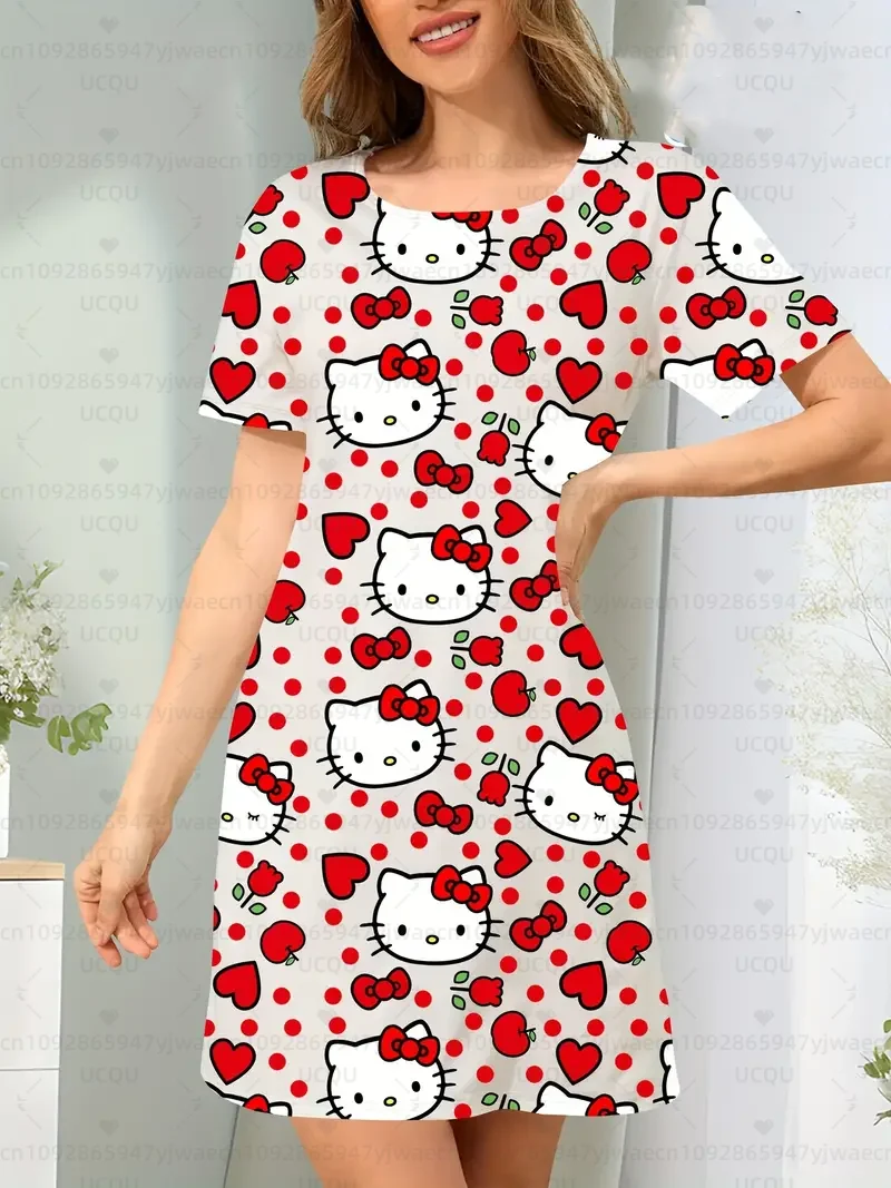 夏の女性の Tシャツドレスプラスサイズカジュアルハローキティプリント O ネックレディ半袖プルオーバードレス女性服