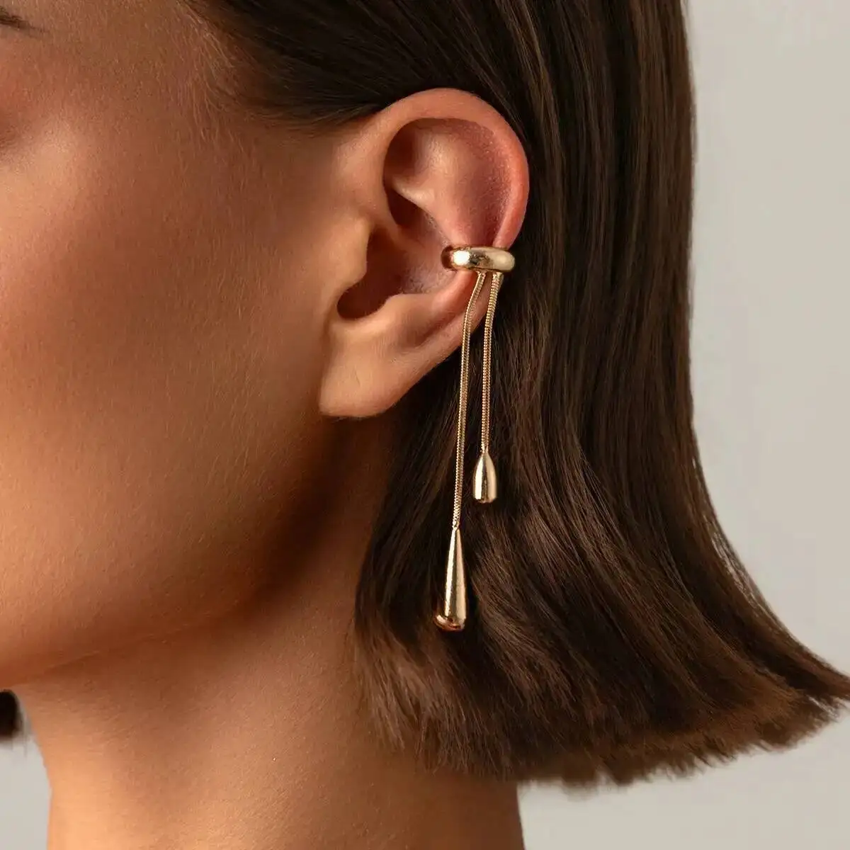 SHIXIN Fashion Long Tassel Drop Water C Shaped Fake Piercing Ear Clip for Women Punk Gold Color Earring Jewelry Accessories Gift
