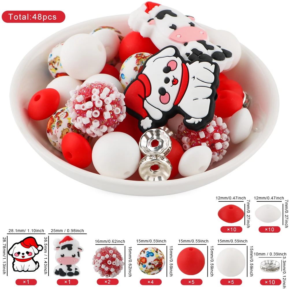 Christmas Silicone Focal Beads Round Beads Silicone Lentil Beads Set Use For Beadable Pen Keychain DIY Handmade Accessories