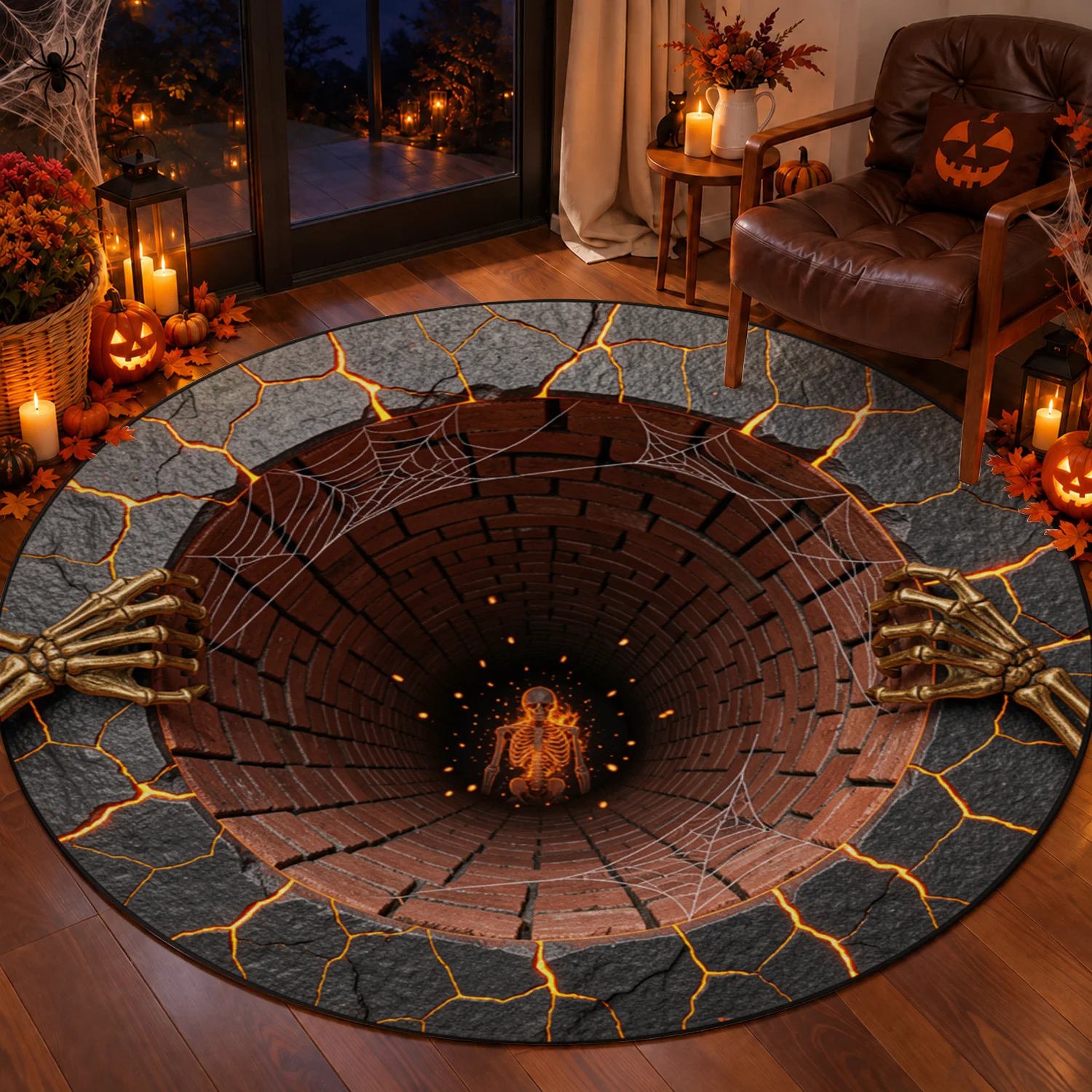 Spooky Well Skeleton Design Round Velvet Rug Machine Washable for Living Room Bedroom Entryway Halloween Thanksgiving Christmas New Year Black Friday Cyber Monday