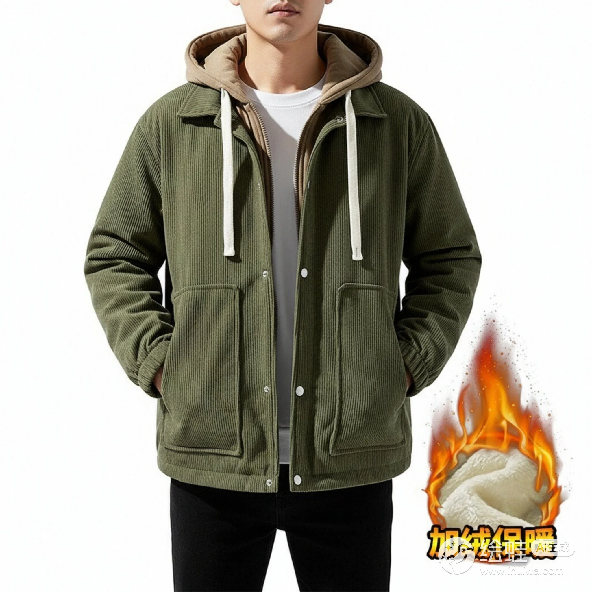 

Winter Padded Jacket Fleece Lined Outdoor Travel Cold Resistant Corduroy Coat Hooded Fake Two Piece Lightweight Warm Men Parka
