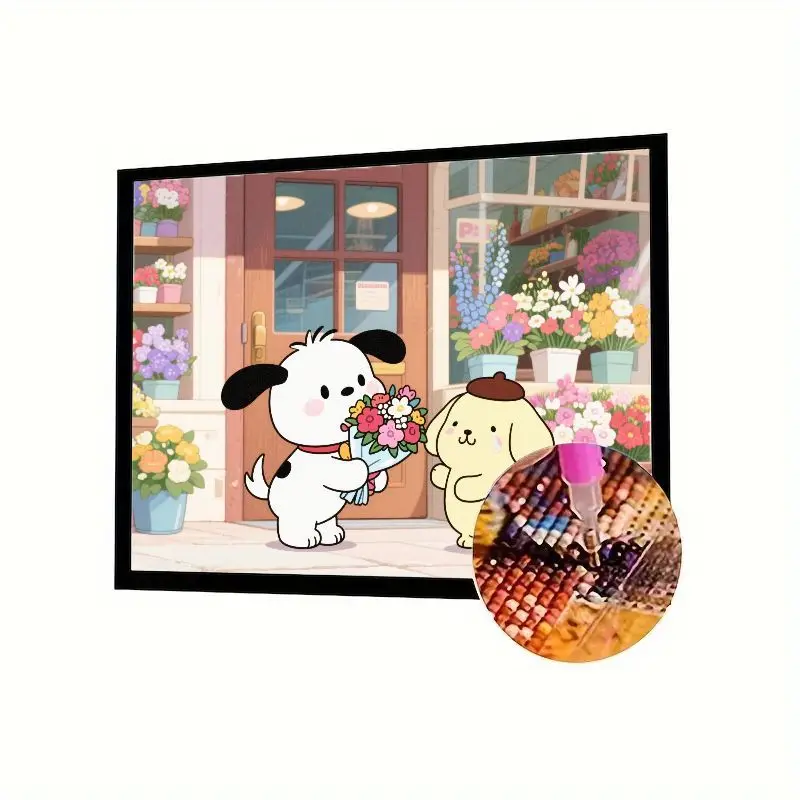 

1 шт. 5D DIY полный дрель набор для алмазной живописи-милый Sanrio Pochacco и сцены цветочного магазина с помпонами, подарочный букет Pochacco,