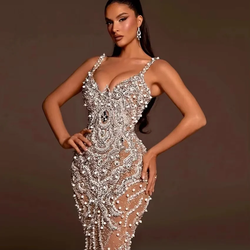 Champagne Wedding Dresses Black Girls Spaghetti Straps Lace Pearls Dubai Saudi Arabia Bridal Gown Vestido De Noiva Customized