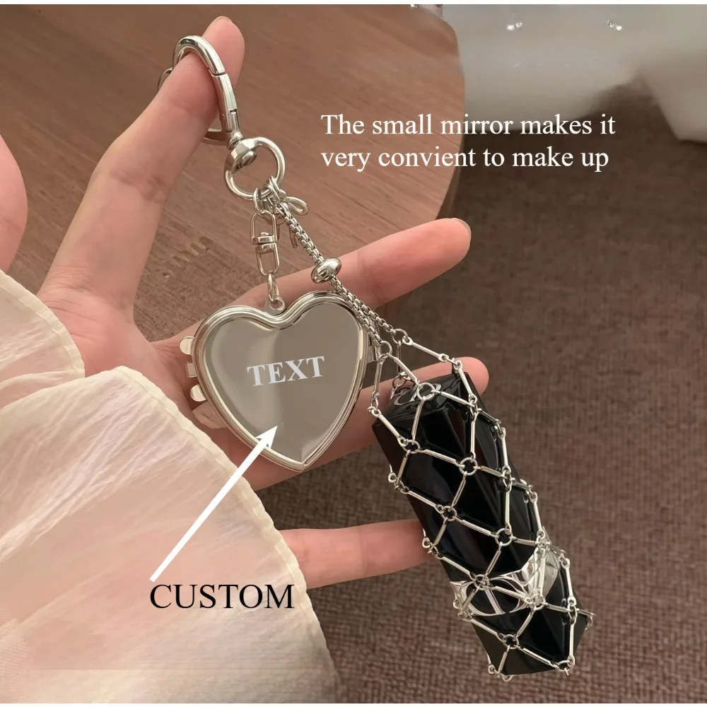 

Stainless Steel Portable Lipstick Storage Pouch Mesh Bag Keychain Girls Makeup Mirror Cute Charm Cosmetic Fashion Accessory