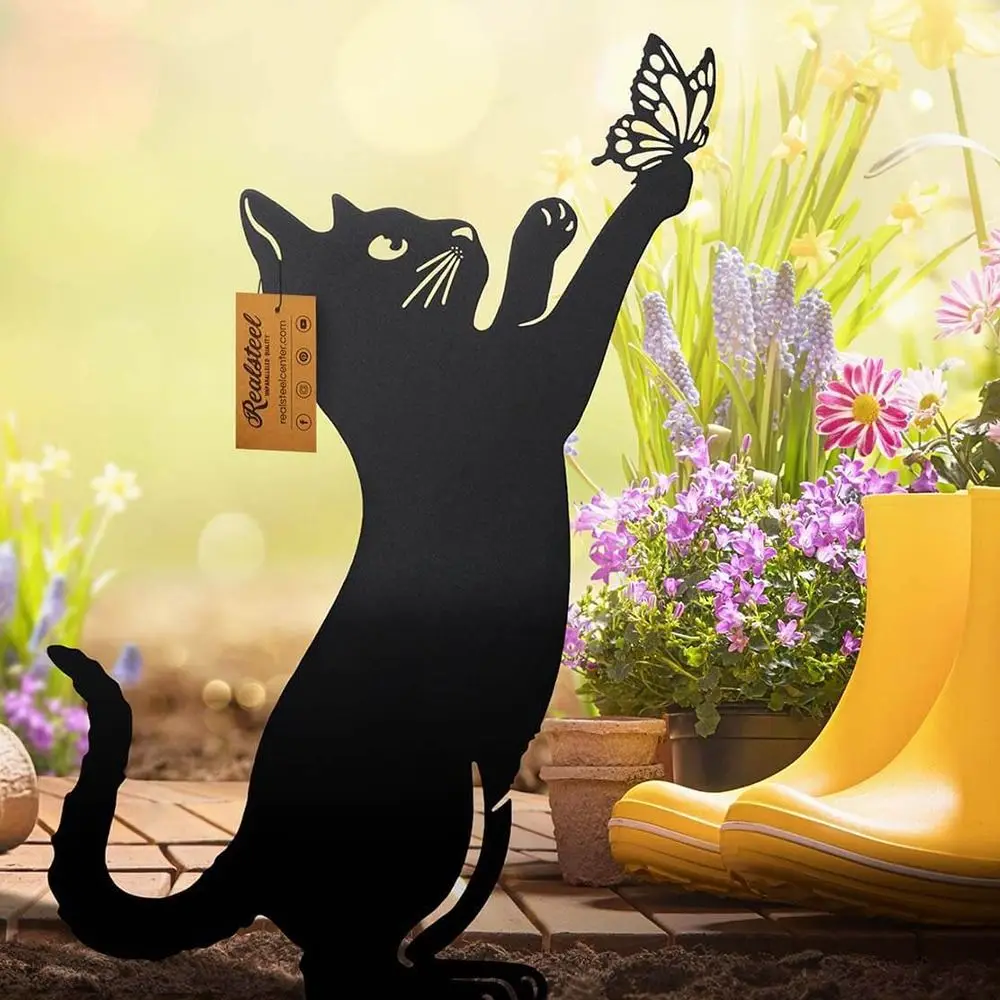 Hot Iron Art Black Garden Ornaments Ground Inserted Pile Outdoor Lawn Decoration Cat Metal Statues