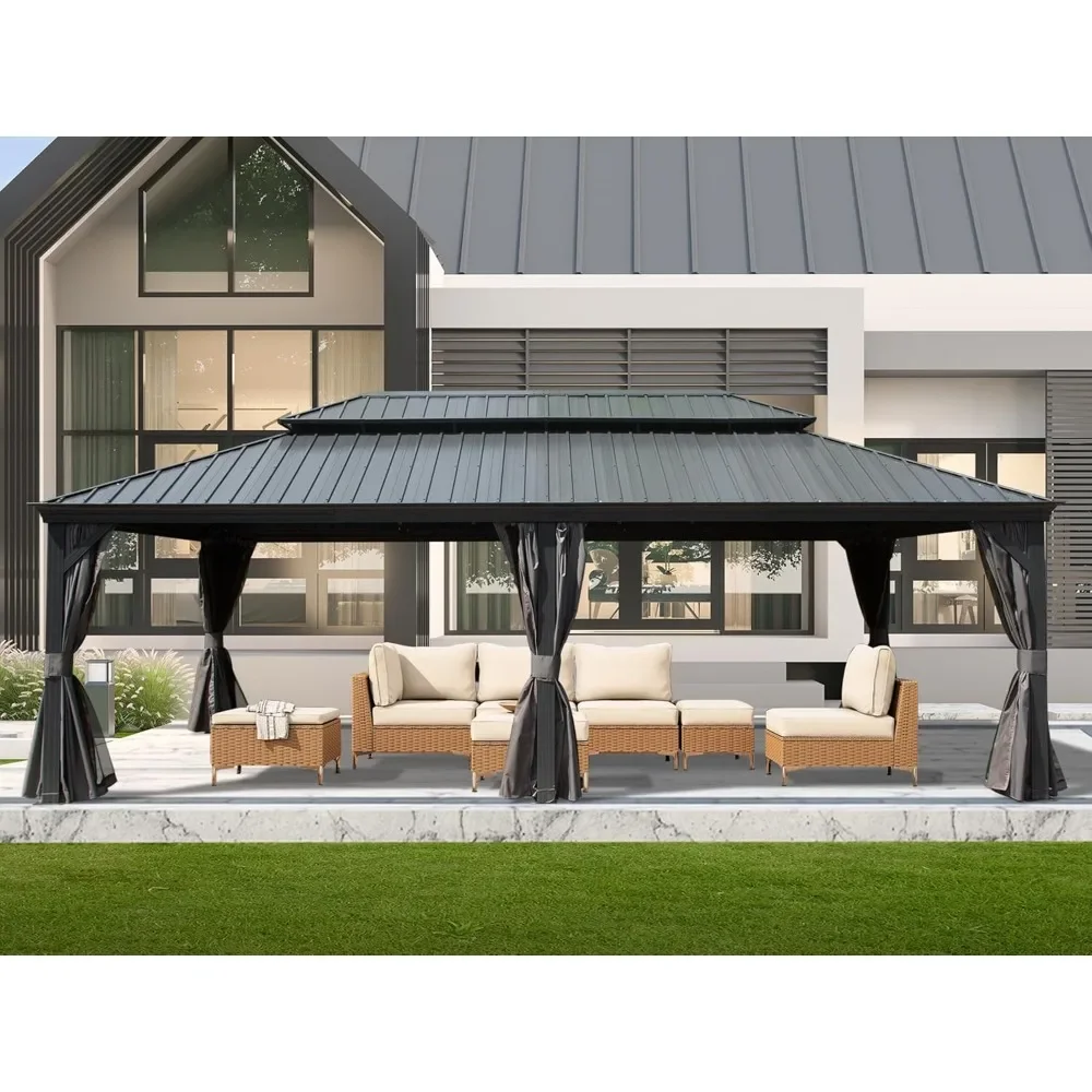 

14x24FT hardtop pavilion, permanent outdoor pavilion, galvanized steel double roof and aluminum frame, curtains and mesh