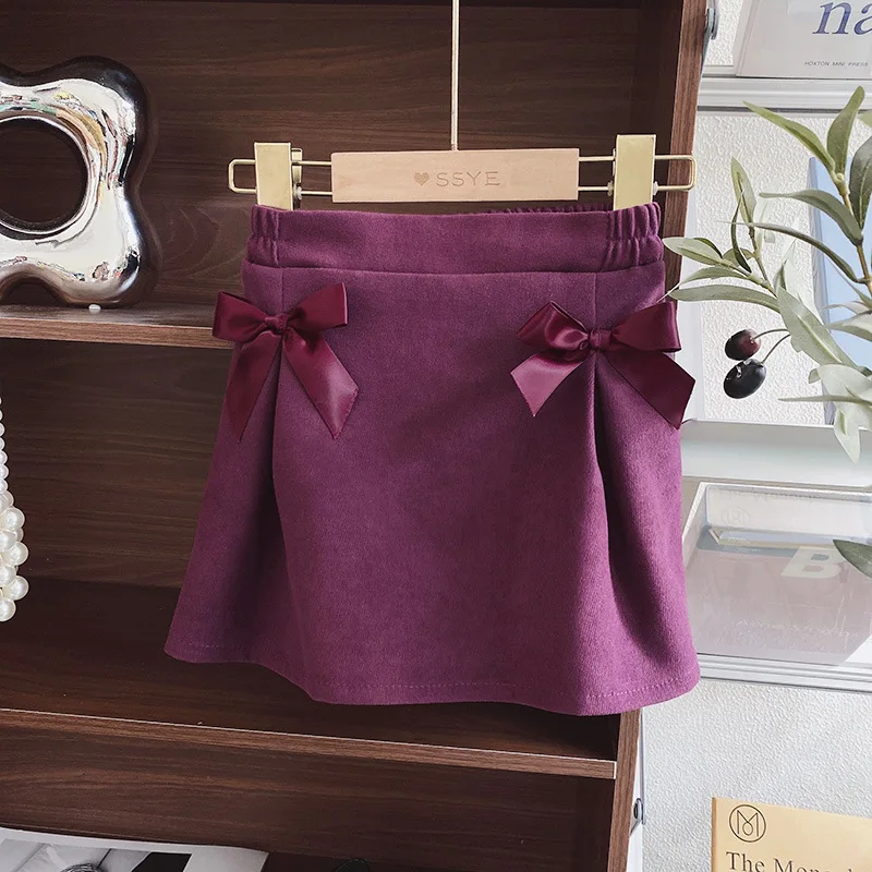 Short Skirt Autumn New Skirt Baby Pants Skirts Pleated Bow Solid Color Elastic Waist Solid Simple 2024 Pleated Sweet