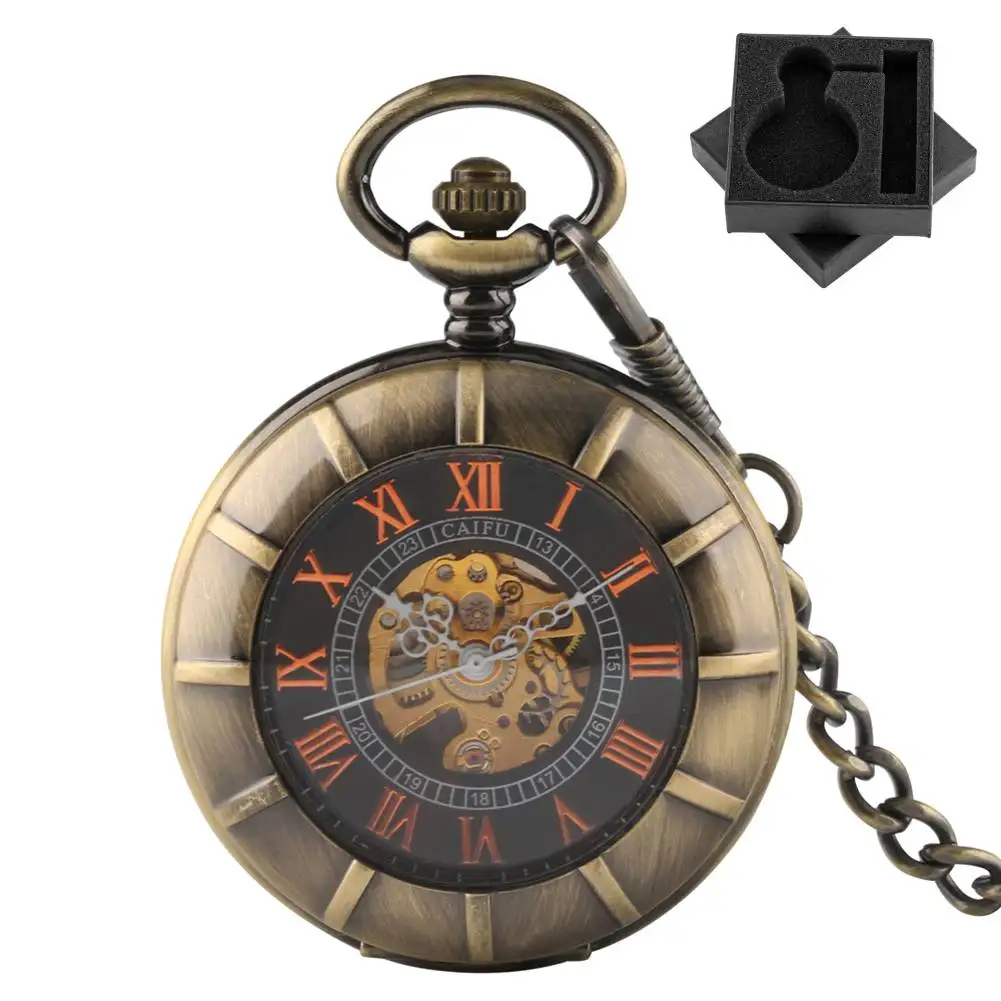 

Bronze Mechanical Hand Winding Pocket Watch Transparent Glass Roman Numerals Dial Fob Chain Pendant Pocket Timepiece Gift Men