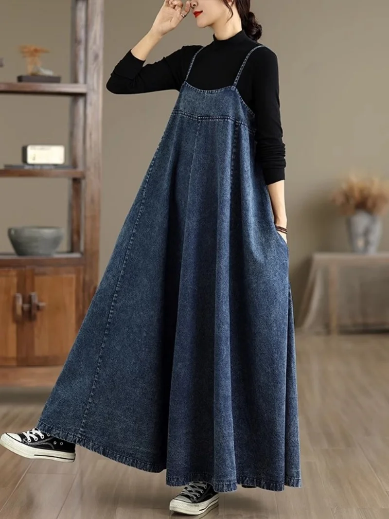 

Джинсовое платье-бретелька для отдыха, комбинезон для ленивых и отпуска, женский осенний комбинезон, длинное платье на бретельках w1045