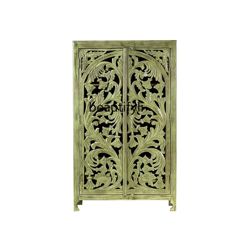 French hollow carved solid wood wardrobe double door old storage side cabinet