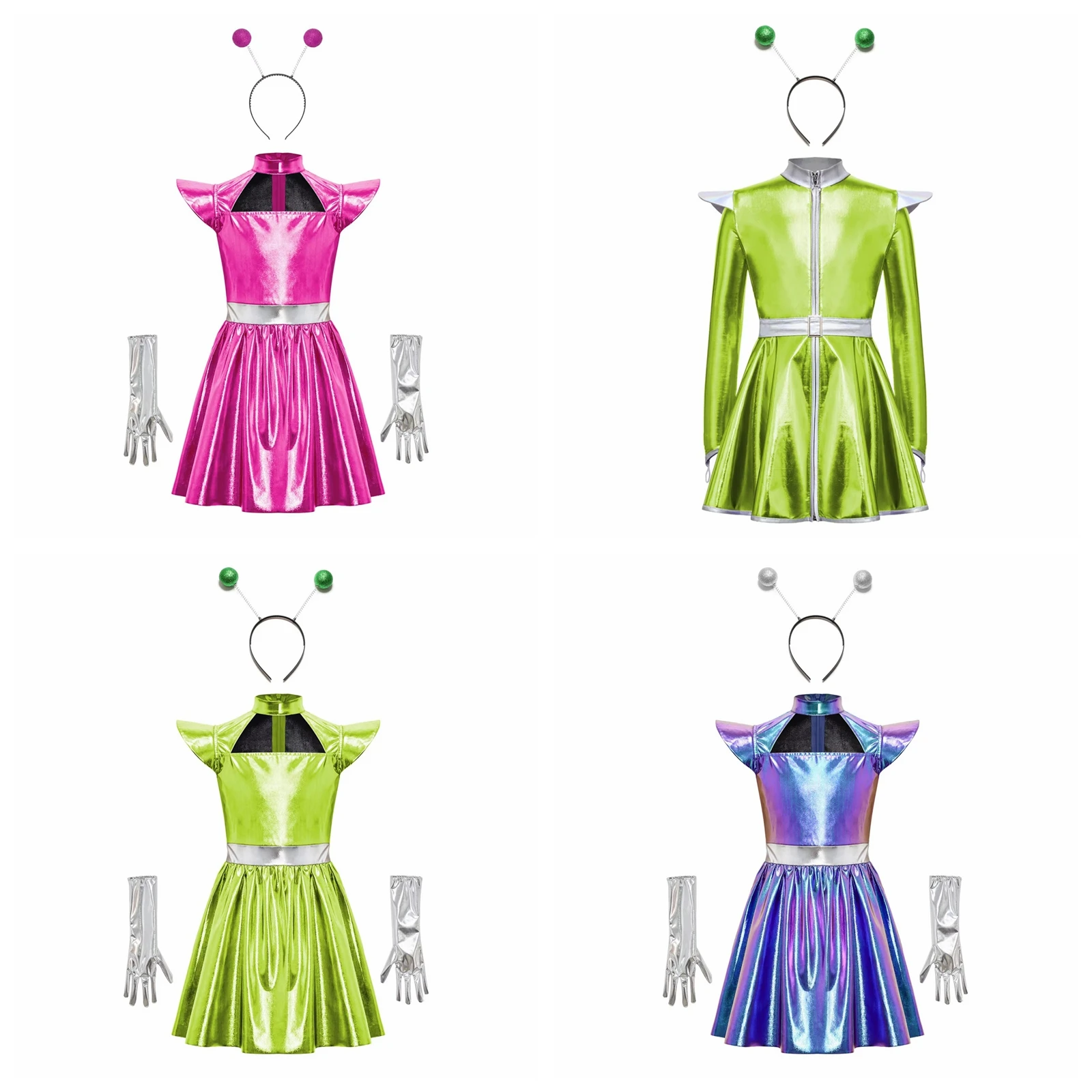Girls Halloween Alien Costume Girls Alien Galaxy Theme Party Dress Hair Hoop Shiny Metallic Outer Space Robot Masquerade Costume
