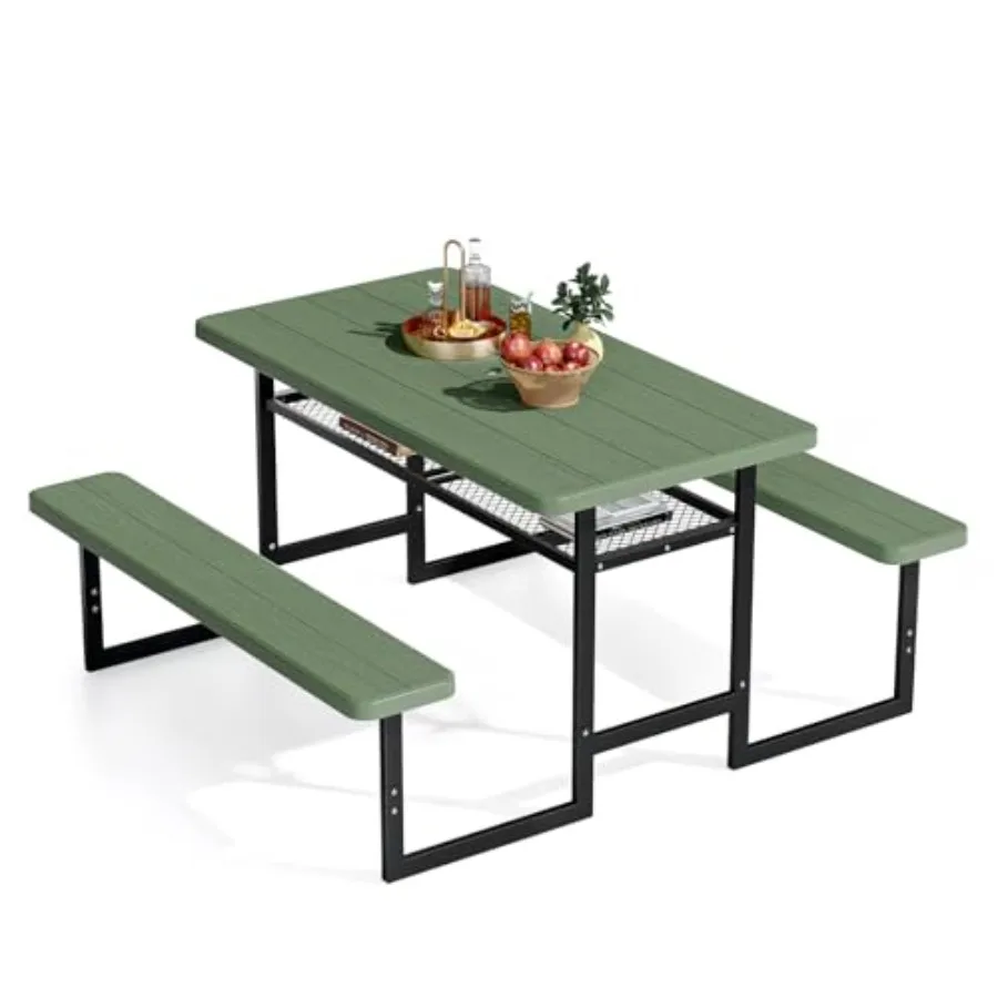 Outdoor picnic table for dining party garden use, HDPE tabletop plastic with all-weather metal frame, gray, includes storage sh