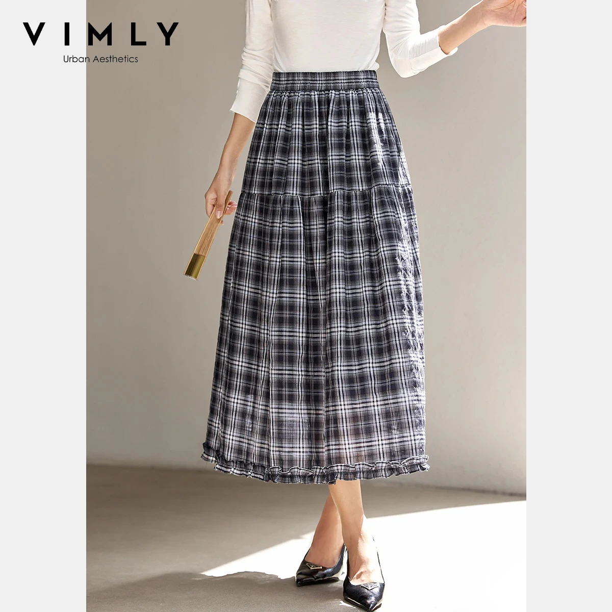 VIMLY Falda a cuadros Vintage para mujer, otoño 2025, faldas Vintage informales, falda Midi de diseño, falda femenina acampanada con volantes para ir al trabajo A2980