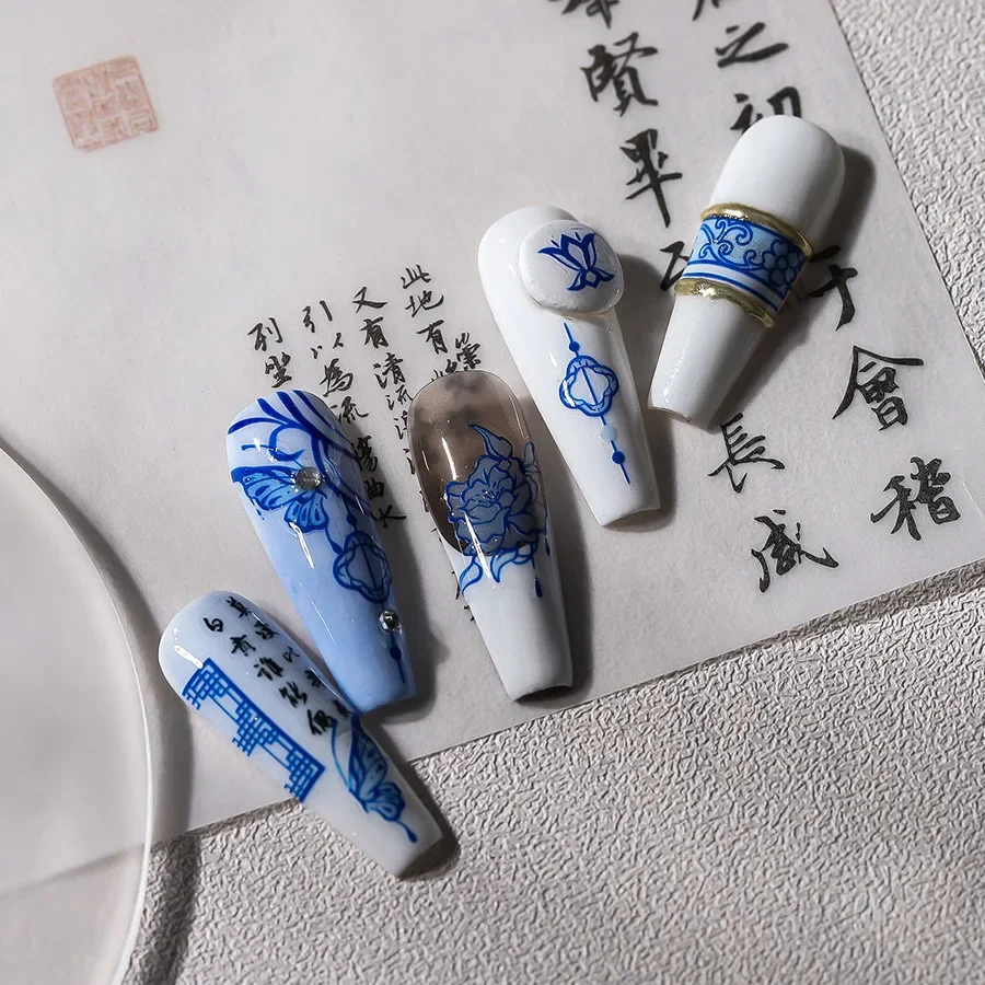 1piece 5D nail sticker high quality blue butterfly cheongsam porcelain bottle jade pendant design self-adhesive nail art sticker