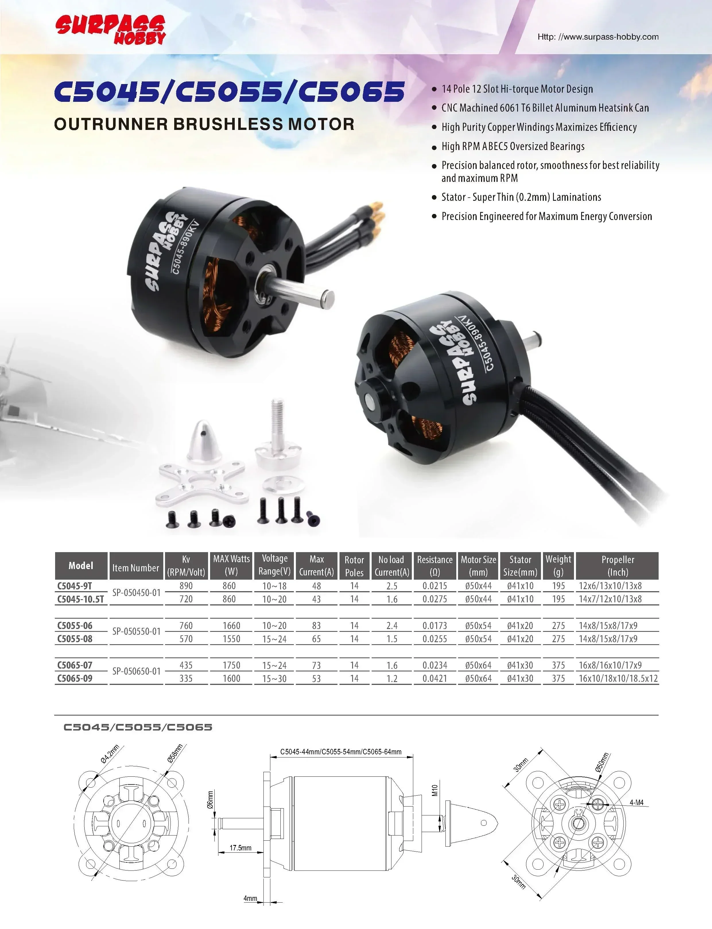 Surpass Hobby 2822 2830 3530 3542 3548 4250 4260 5055 5065 6354 Brushless Motor for RC Fixed-wing FPV Drone Quadcopter Airplane