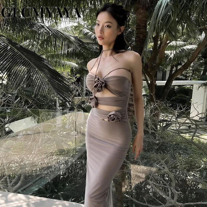 

GLCMYAYA Women Three-dimensional Decoration Floral Hollow Out Slim Dress 2023 Neck-mounted Lace-up Sexy High Waist Dresses