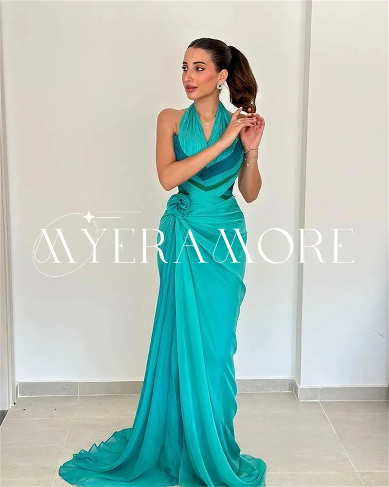 Robes de soirée modernes en mousseline de soie licou pour femmes sirène plis fleur balayage train robes de bal personnalisé فساتmavera