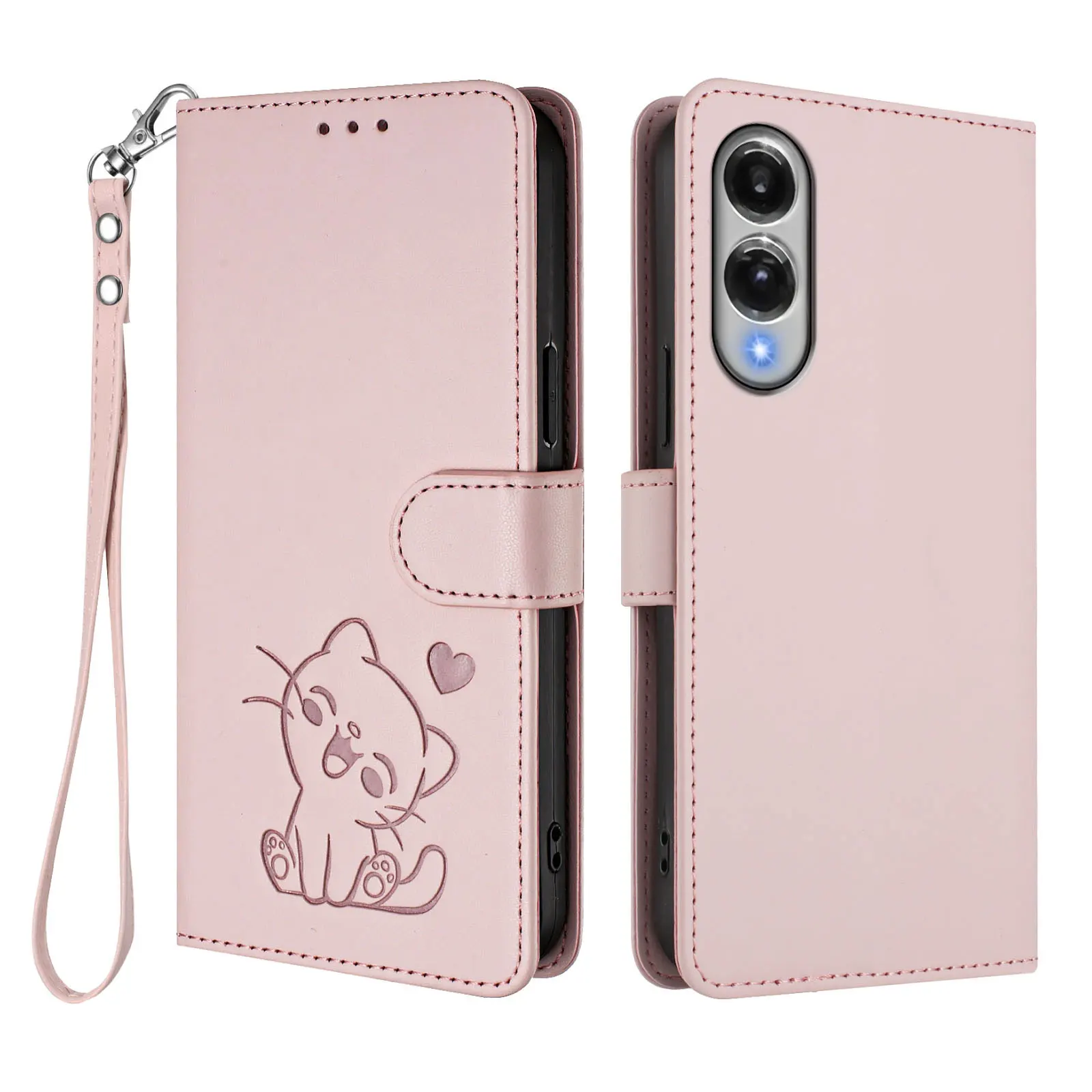 

For Samsung Galaxy S25 Edge Wallet Case with Wrist Strap Love Cat Pattern Imprint Leather Phone Cover - Pink