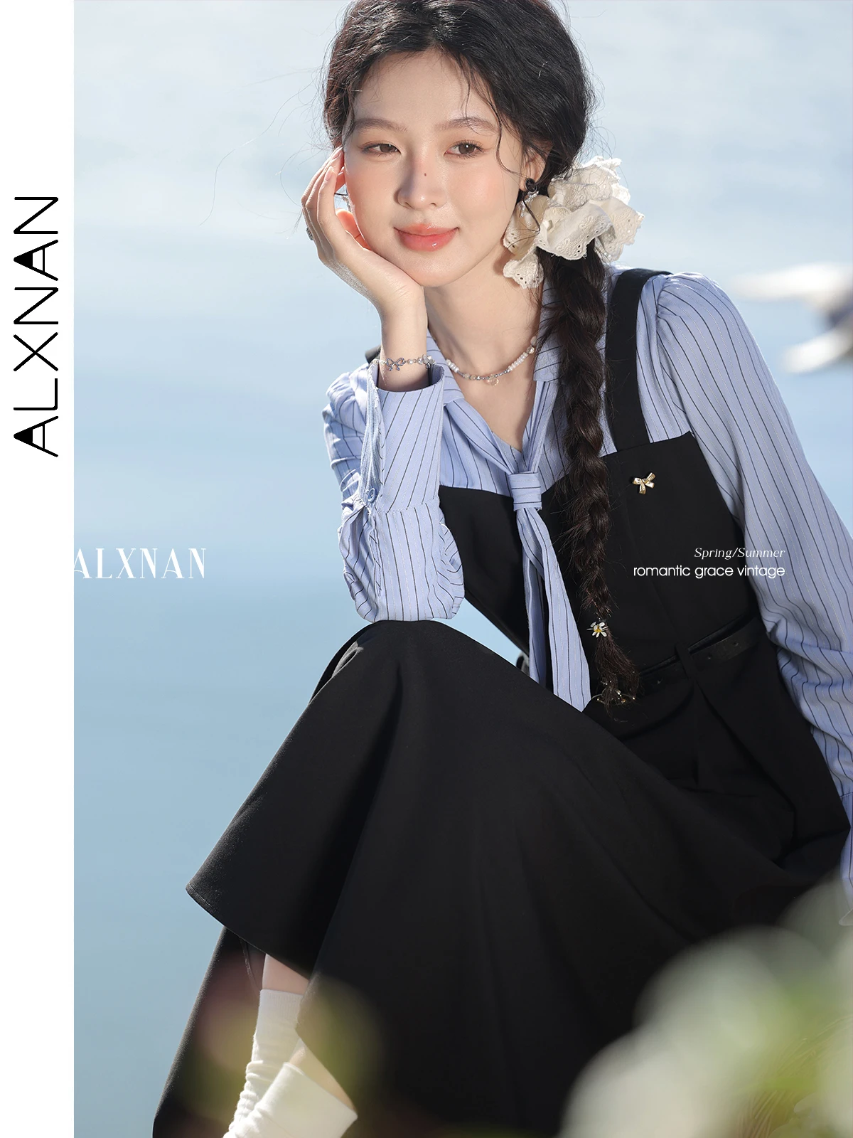

ALXNAN Black Fake Two-piece Dress 2025 Spring Long Slim Women's A-line Dresses College Style Striped Tie Neckline Clothes L52921