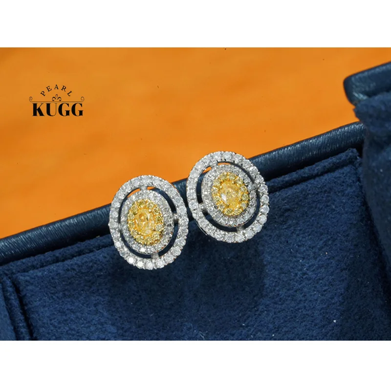 KUGG 18K White Gold Earrings Classic Oval Design 0.70carat Real Natural Yellow Diamond Stud Earrings for Women Wedding Jewelry