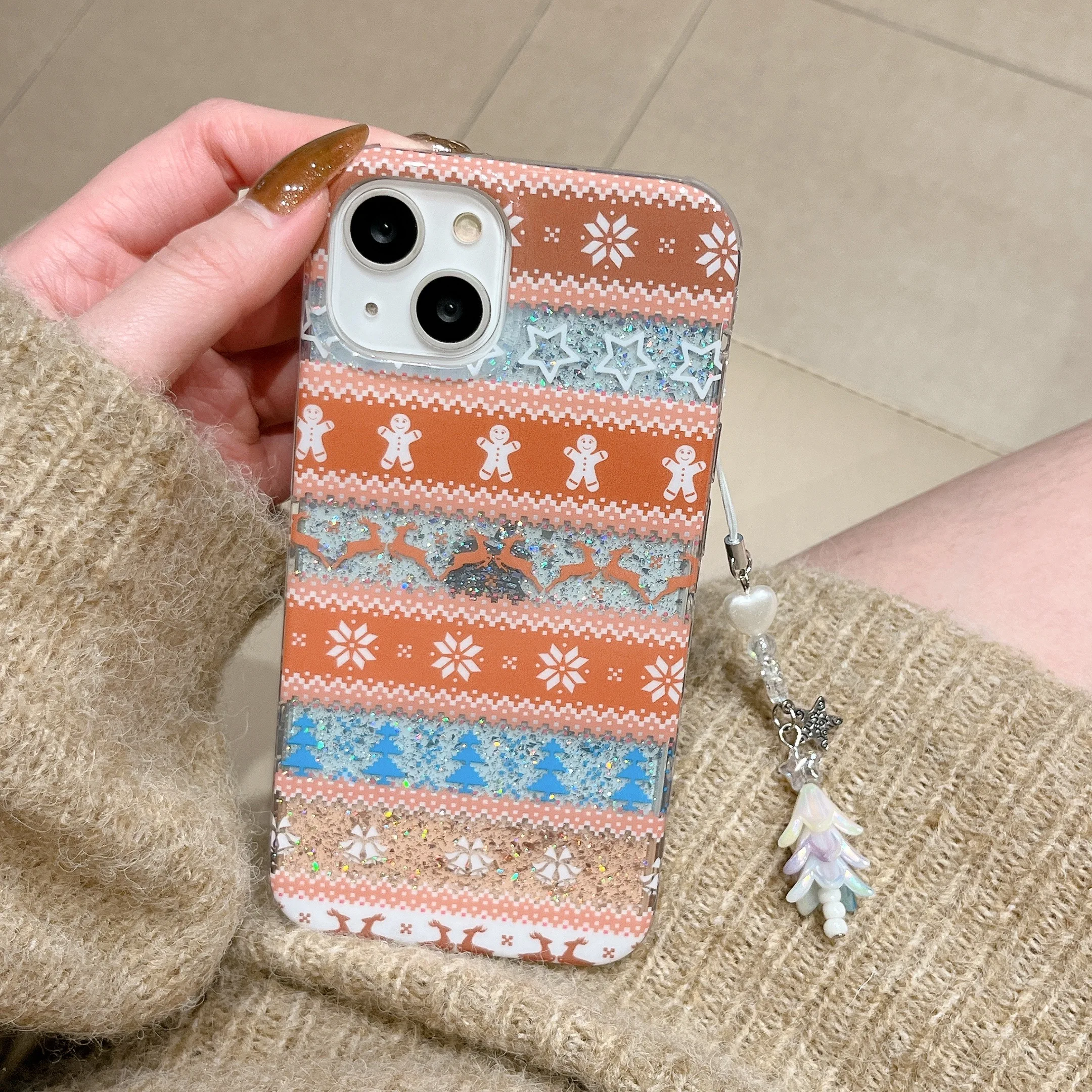 Patrón creativo INS Fair Isle con colgante de árbol pequeño, funda de teléfono Vintage para iPhone 16 15 14 13 Pro Max, funda trasera para teléfono