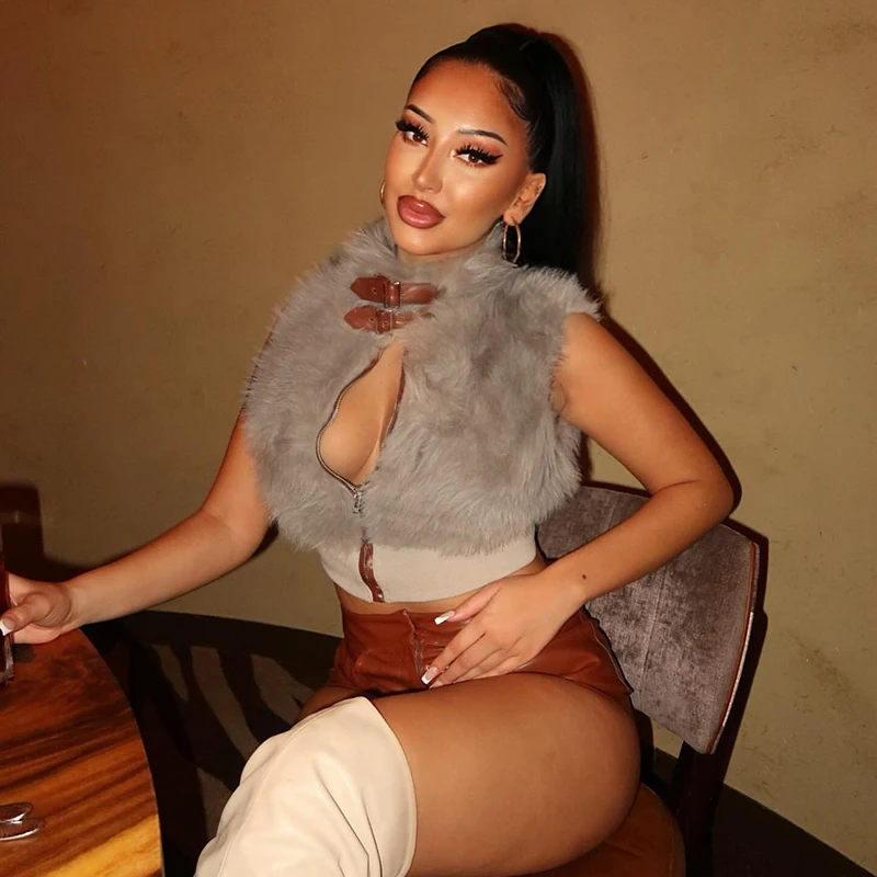 

Кардиган с металлической пряжкой, жилет, топ, шикарная уличная одежда, женское осенне-весеннее новое поступление, однотонная меховая молния без рукавов