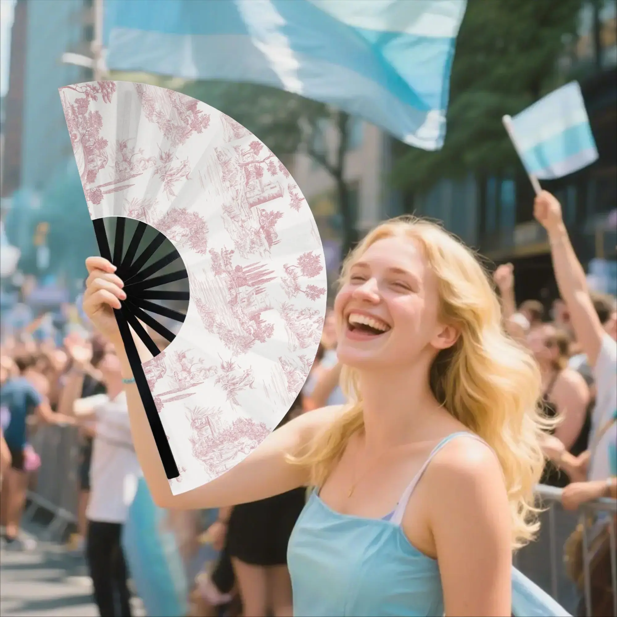 Custom Vintage Toile De Jouy Promotional Gift Hand Fan Party Blush Pink White Durable Folding Fans Creative Bulk Pack Fan view 6