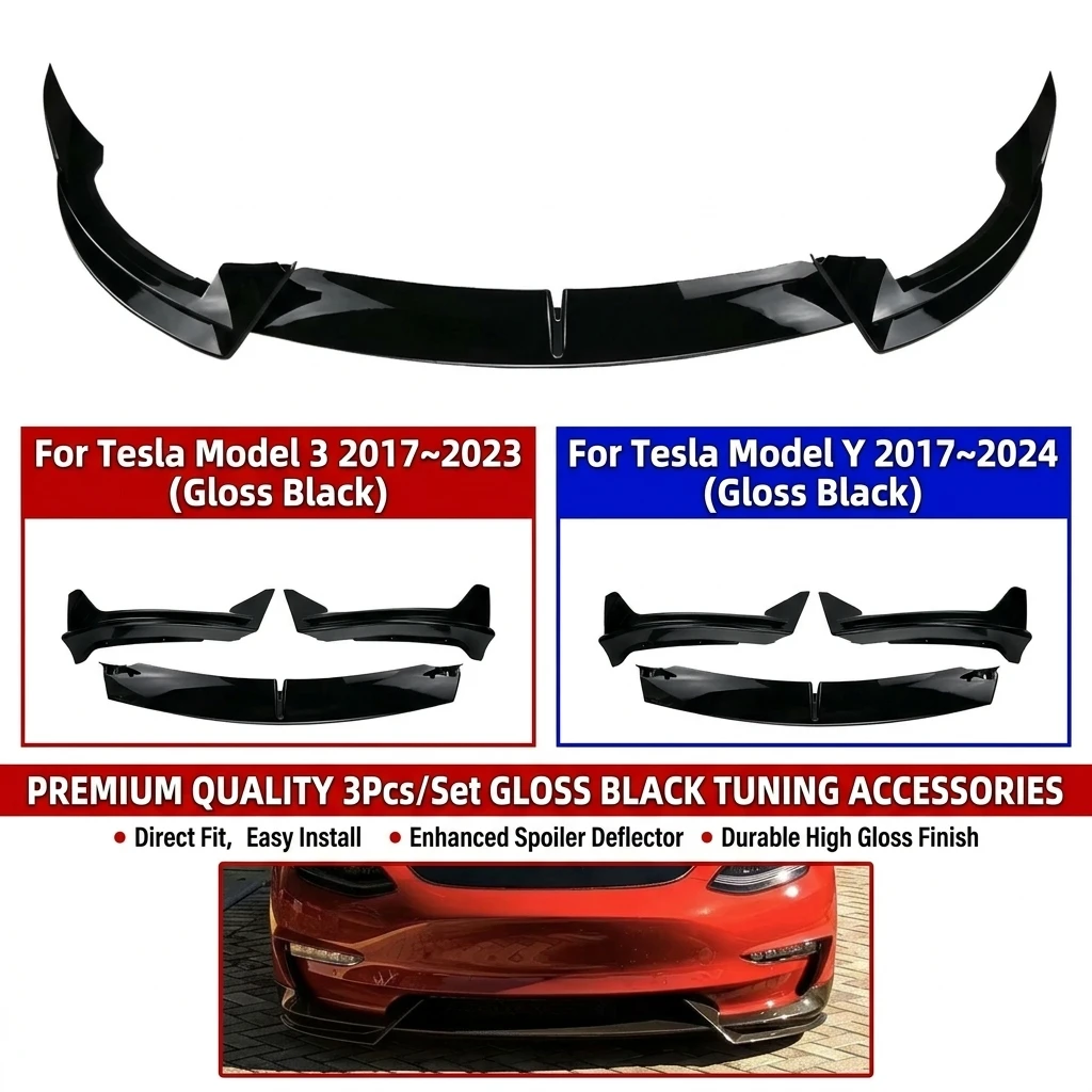 Set da 3 pezzi, paraurti anteriore nero lucido per Tesla Model 3 2017~2023 e Model Y 2017~2024, spoiler, deflettore, accessori per tuning