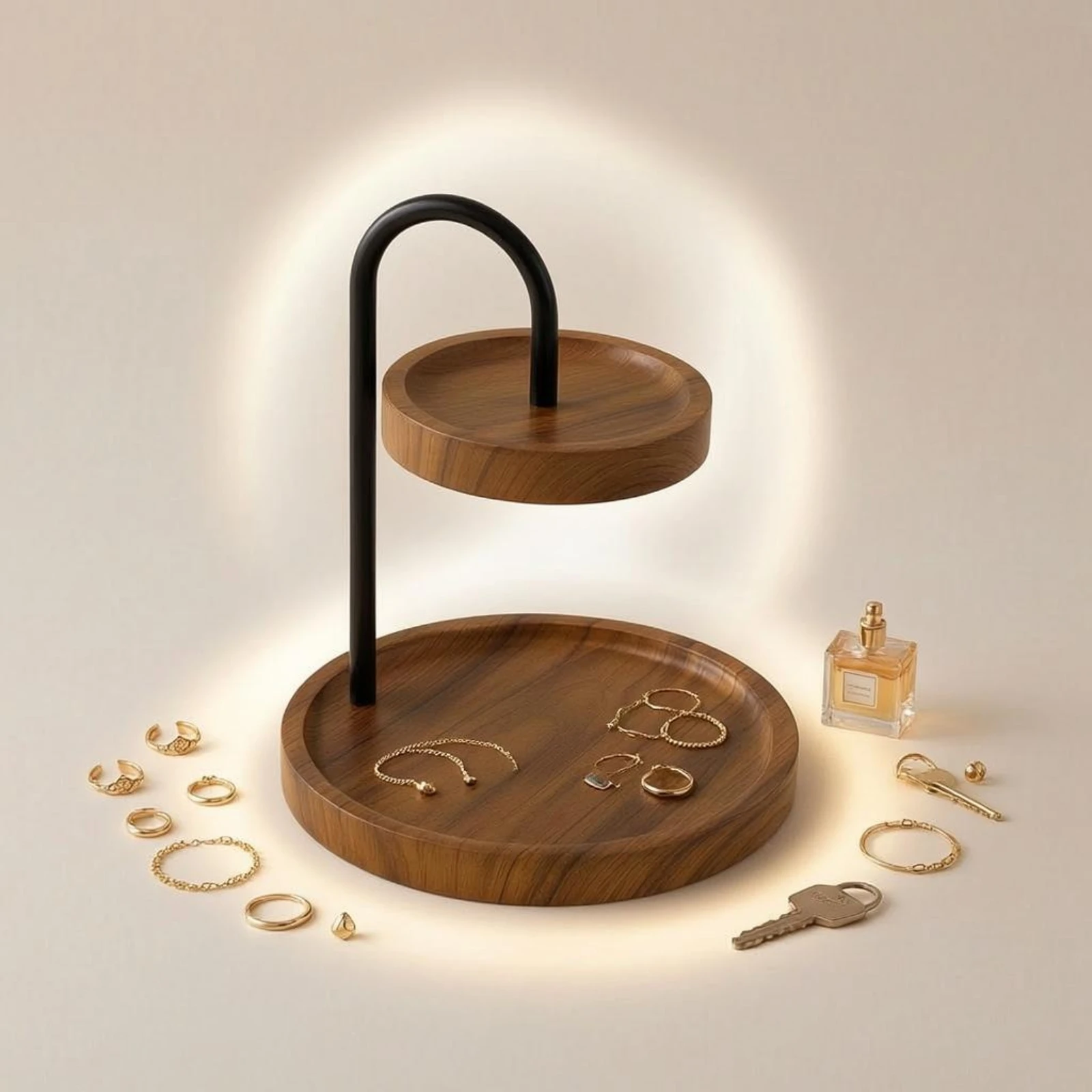 two-tier-tabletop-rack-wood-grain-finish-round-storage-rack-countertop-organizer-circular-trays-display-riser-multi-purpose