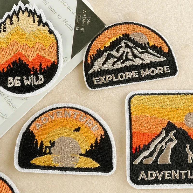 Cartoon Embroidery Patches Mountain Sunset Outdoor Camping DIY Iron on Patches Clothes Badges Bags Hats Personalized Accessories