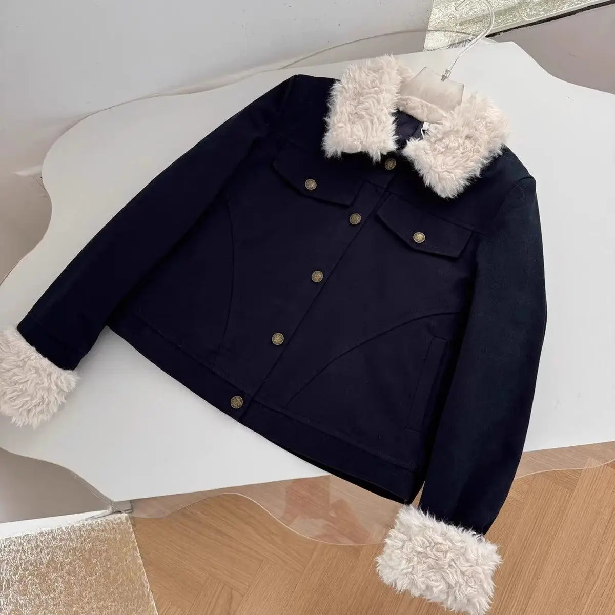 Faux Lambswool Patchwork Short Quilted Cotton Jacket Coat Women Retro Slim Navy Blue Padded Coat Female Workwear Style Outerwear