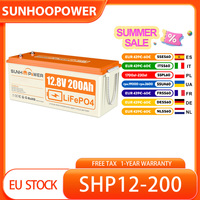 SUNHOOPOWER 12V 200Ah LiFePO4 Battery, 2560Wh Energy, Built-in 100A BMS, Max.1280W Load Power, Max. 100A Charge/Discharge, IP68