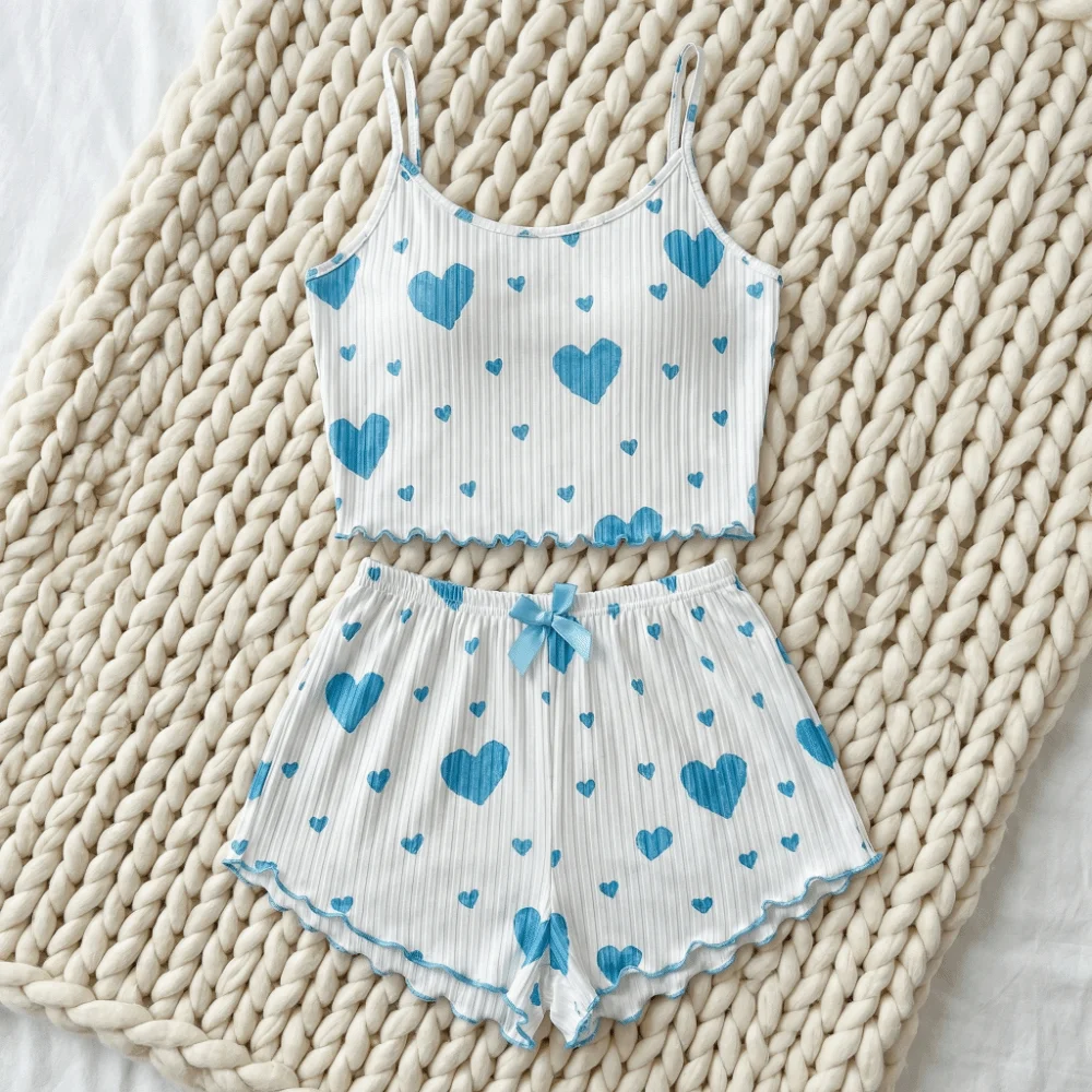 

Kawaii Love Heart Women's Pajamas Set Bow Summer Two Piece Nightwear Homewear Cami Shorts Pajamas Spring/Summer