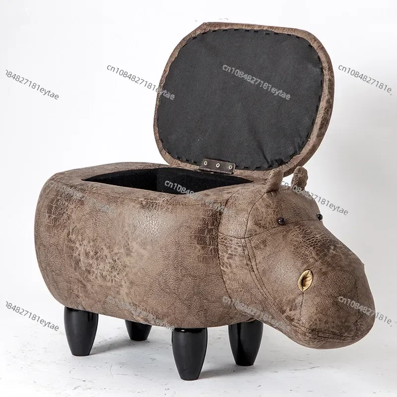 Hippo Shaped Animal Ottoman Storage Footrest Stool Upholstered Padded Seat Hippo Stool Pouf Adorable Bench as Kids Gift,Toy Box